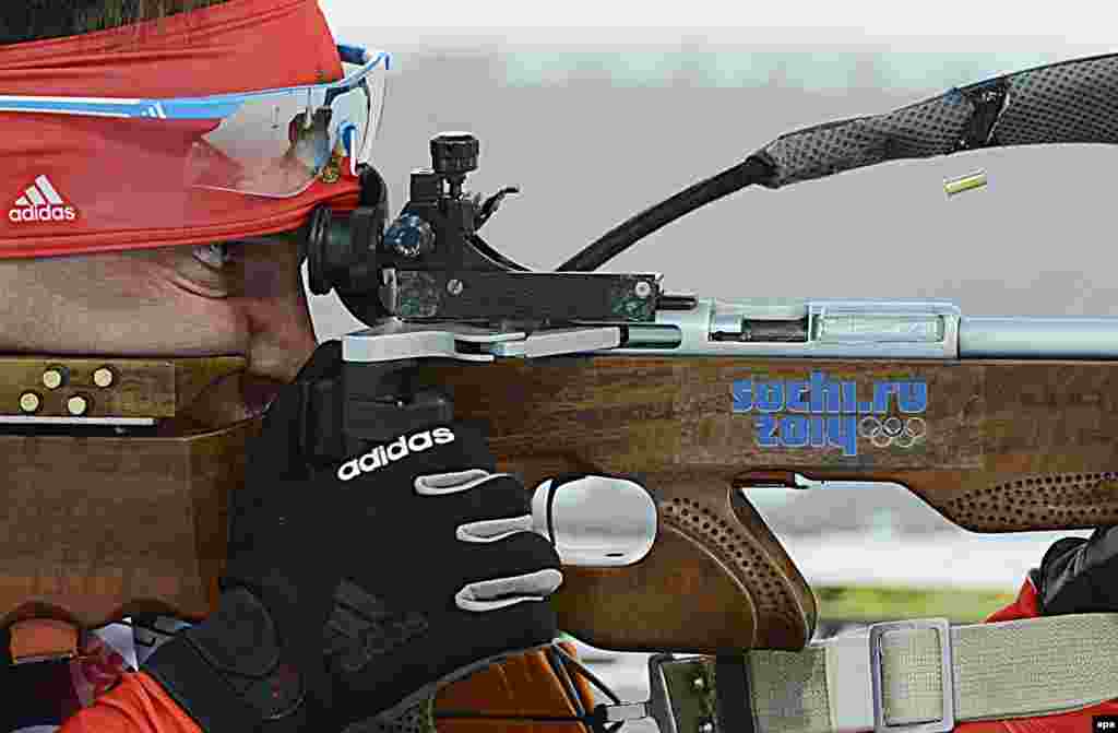 Russian biathlete Yevgeny Garanichev in action during the men's 20 kilometer individual competition at the Laura Cross Biathlon Center.