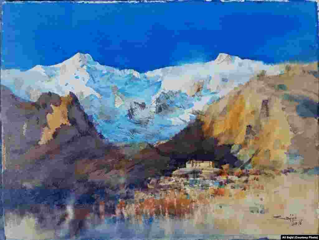 Titled "the poetry of Earth" and showing the immense beauty of a northern valley in Pakistan. “The contrasts of nature and man-made captured my attention to paint this,” Sajid says.