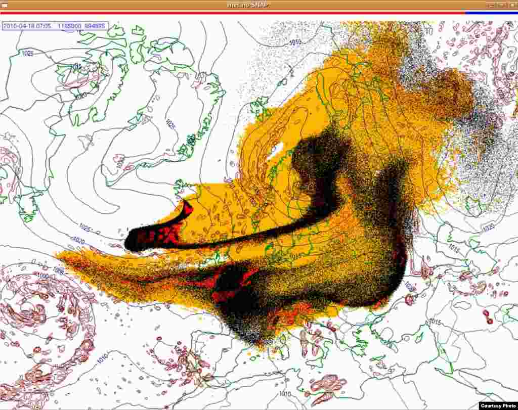 Projected spread of Icelandic ash cloud (18.4. 0700 UTC) - These images show a projection of the movement of the ash clouds from the Iceland volcanic eruption moving over Europe. The colors on the map represent: yellow: ash that has fallen by itself red: ash that has fallen by precipitation black: the actual ash cloud Source: Norwegian Meteorological Institute