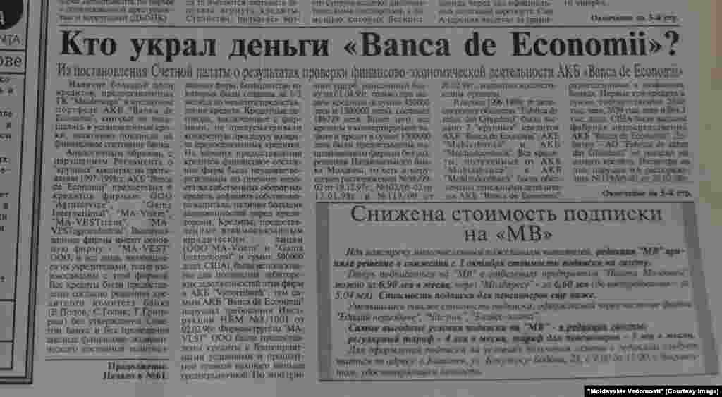 &quot;Moldavskie Vedomosti&quot;, 4 octombrie 2000, &quot;Cine a furat Banca de Economii?&quot;