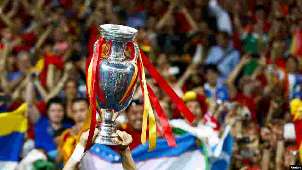 Spain&#39;s Fernando Torres lifts up the Euro 2012 trophy.