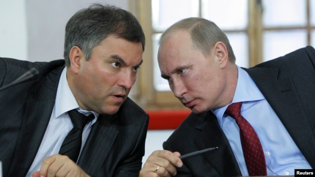 Vyacheslav Volodin (left) with Russian President Vladmir Putin (file photo)