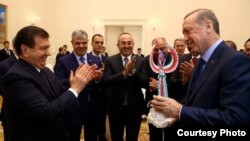 Өзбекстан презмденті Шавкат Мирзияев (сол жақта) пен Түркия президенті Режеп Ердоған.