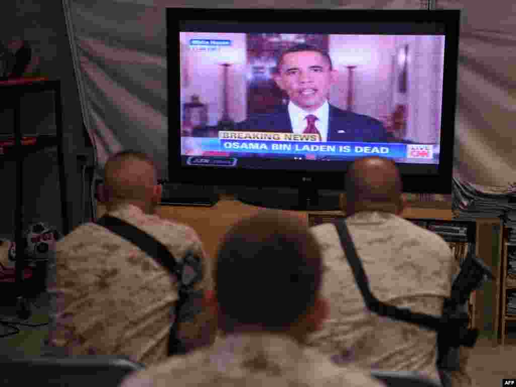 U.S. Marines in Helmand Province in Afghanistan watch as President Barack Obama announces the death of Osama bin Laden.