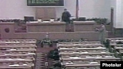 Armenia - A screenshot of TV footage of gunmen opening fire in the Armenian parliament on 27 October, 1999.