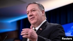 U.S. Secretary of State Mike Pompeo speaks at a press briefing at the State Department in Washington, U.S., April 22, 2020. 