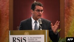 WTO director-general, Roberto Azevedo, speaks at the RSIS-MTI Trade Academy Distinguished Public Lecture in Singapore in May 25.