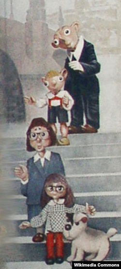 Гурвинек и его семья - рисунок на фасаде "Театра Спейбла и Гурвинека" в Праге