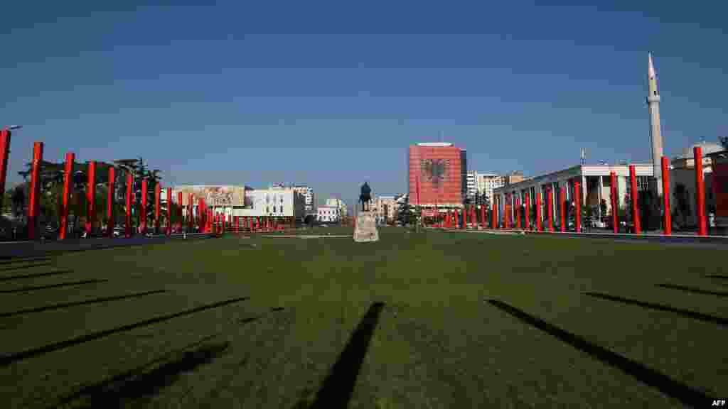 Decorations surround a statue of Skanderbeg, the Albanian national hero, in central Tirana.