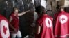 Сотрудники Красного Креста проверяют гуманитарный груз, доставленный в один из городов Луганской области 