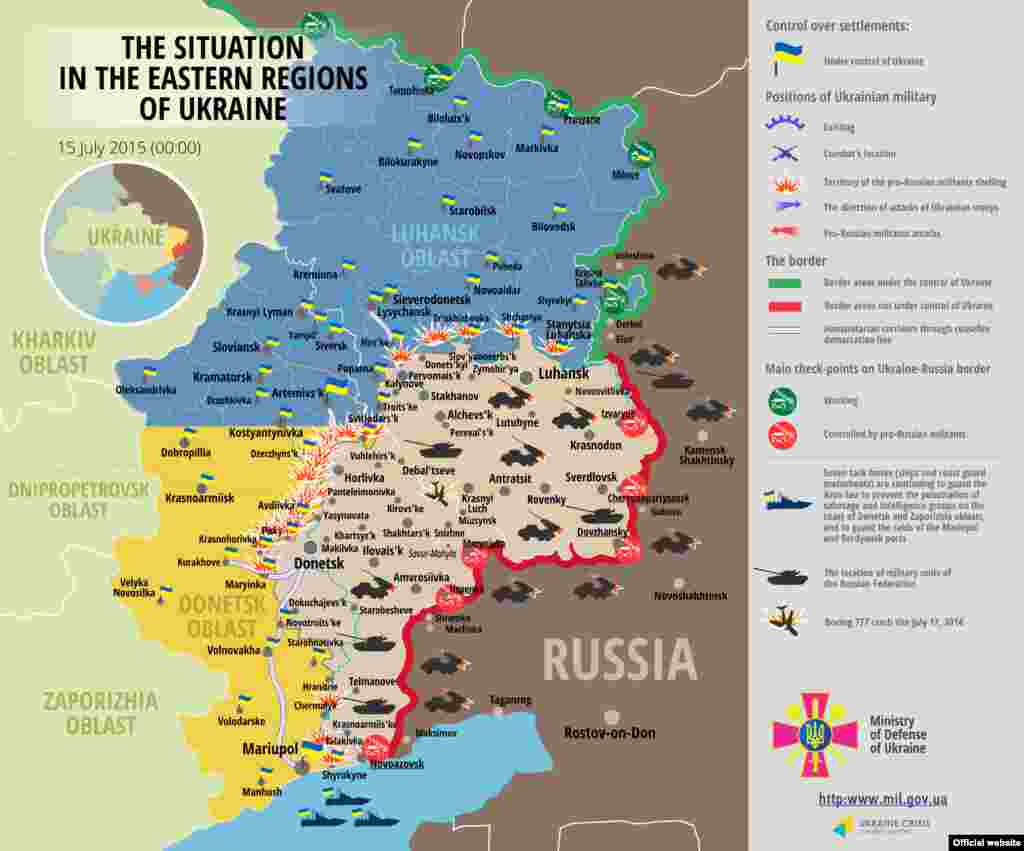Ukraine -- ENGLISH Map: The situation in a combat zone at Donbas, 15Jul2015