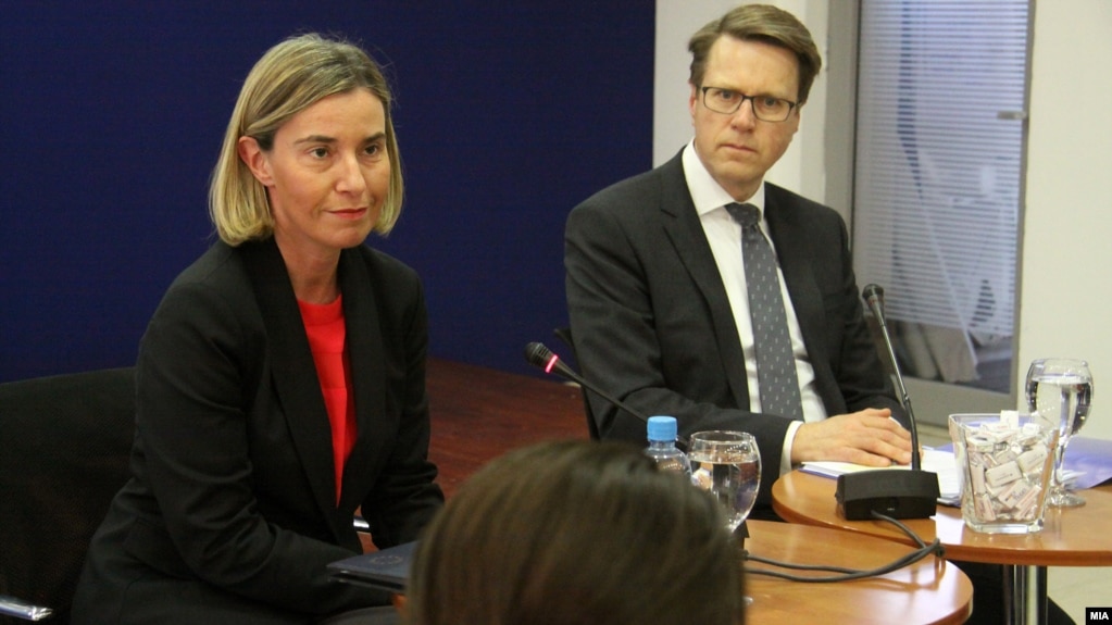EU foreign policy chief Federica Mogherini (left) in Skopje, Macedonia, on March 2.