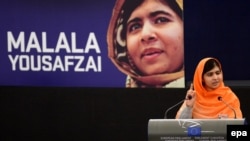 France -- Malala Yousafzai delivers her speech after recieving the Sakharov Prize for Freedom at the European Parliament in Strasbourg, November 20, 2013