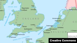 نقشه‌ای از منطقه کانال مانش بین فرانسه و بریتانیا