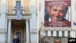 A combo photo shows a banner of Ukraine's jailed former leader Yulia Tymoshenko displayed on the Capitolini Museum in Rome (left) and a giant poster depicting former Italian Prime Minister Silvio Berlusconi in Kharkiv.