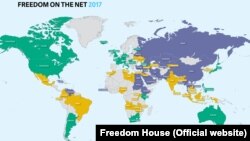 Freedom House ұйымының әлемдегі интернет еркіндігі жөніндегі картасынан скриншот. 14 қараша 2017 жыл.