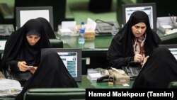 Iranian female members of parliament including Parvaneh Salahshouri (top right) in a session of parliament, undated.