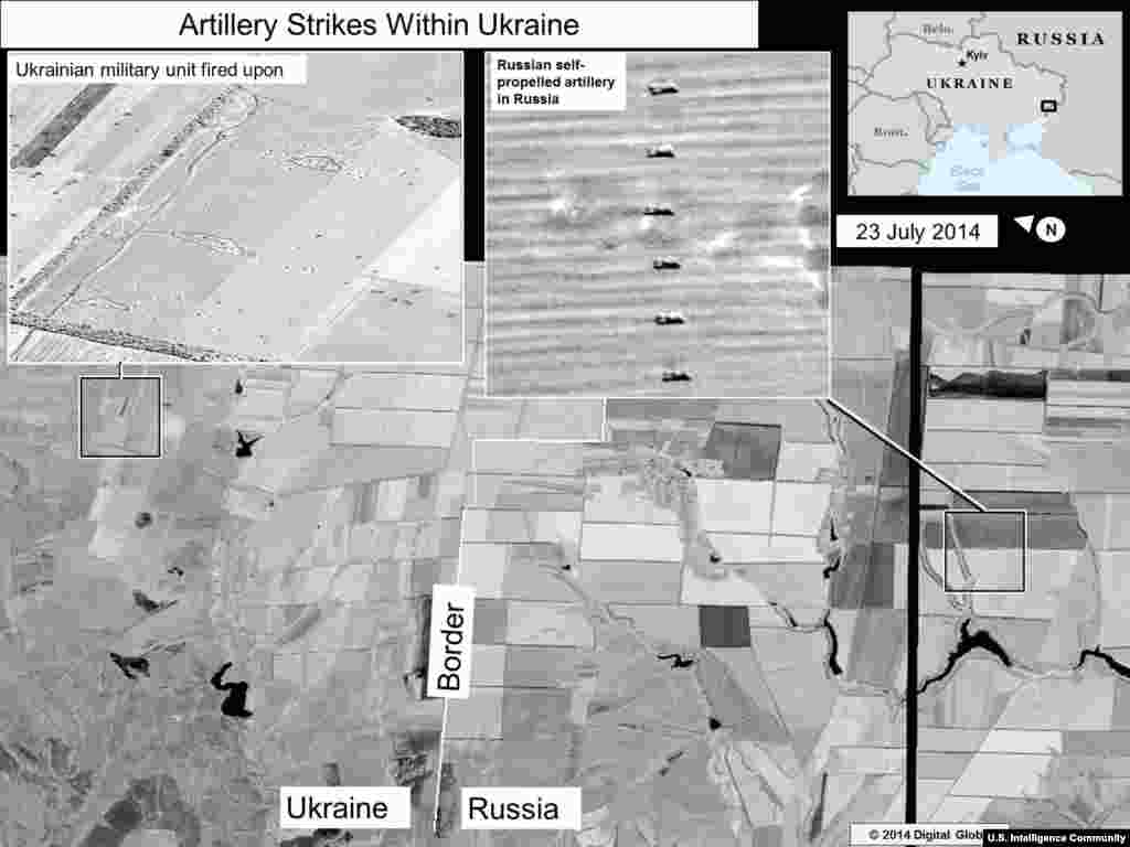 Artillery Strikes Within Ukraine #1. Information from the U.S. Director of National Intelligence: This slide shows self-propelled artillery only found in Russian military units, on the Russian side of the border, oriented in the direction of a Ukrainian military unit within Ukraine. The pattern of crater impacts near the Ukrainian military unit indicates strikes from artillery fired from self-propelled or towed artillery, vice multiple rocket launchers.
