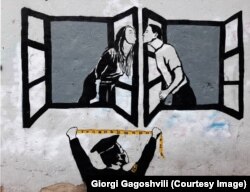 A stencil graffiti titled Less Than 2 Meters by Gagosh
