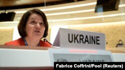 Амбасадорката на Украина Евхенија Филипенко зборува на отворањето на седницата на Советот за човекови права на ОН, 28 февруари, 2022