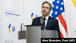 U.S. Secretary of State Anthony Blinken speaks at a press conference in Kyiv on January 19.