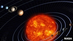 Солнечная система. Солнце, внутренние планеты (справа) и пояс астероидов. Слева - Юпитер. Реконструкция NASA.