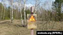 Знак радыяцыйнай небясьпекі ў Чарнобыльскай зоне. Архіўнае фота