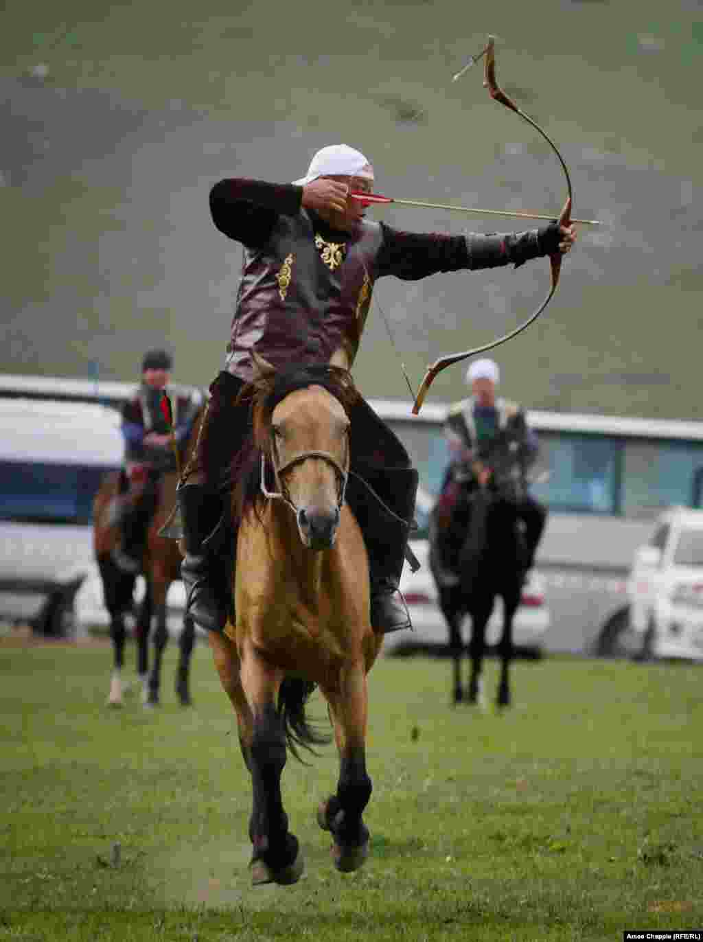 A Kazakh rider about to loose an arrow. One of the competitors explained the difficulty of the event: &quot;If you think too hard about riding, you miss. If you think too hard about your shooting, you can fall off your horse. It&#39;s very dangerous.&quot;&nbsp;