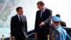 SERBIA -- Serbian President Aleksandar Vucic and French President Emmanuel Macron meet before inspecting an honour guard outside the Serbia Palace building in Belgrade, Serbia, July 15, 2019.