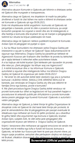 Reagimi i partisë Alternativa lidhur me kthimin e Gashiqit në Gjakovë.