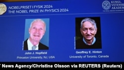 John J. Hopfield i Geoffrey E. Hinton dobitnici su ovogodišnje Nobelove nagrade za fiziku, objavljeno je na konferenciji za novinare u Kraljevskoj švedskoj akademiji znanosti u Stockholmu, Švedska, 8. oktobra 2024. 