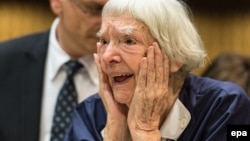 Lyudmilla Alekseyeva reacts after winning the third Vaclav Havel Human Rights Prize at the Council of Europe in Strasbourg on September 28, 2015.