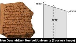 The five tablets engraved with their cuneiform writing system date from the period between 350 and 50 B.C., and were excavated late in the 19th century in Babylon, some 100 kilometers south of Baghdad, in modern Iraq.