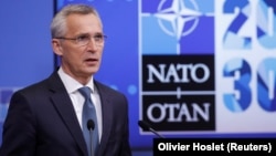 NATO Secretary-General Jens Stoltenberg gives a press conference ahead of an online NATO foreign and defense ministers' meeting at the alliance's headquarters in Brussels on May 31.