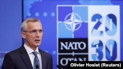 генералниот секретар на НАТО, Јенс Столтенберг говори за стратешките предлози, познати како НАТО 2030, Брисел, мај 2021.