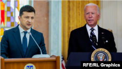 Președintele Ucrainei, Volodimir Zelenski (stânga) și președintele SUA, Joe Biden (colaj)