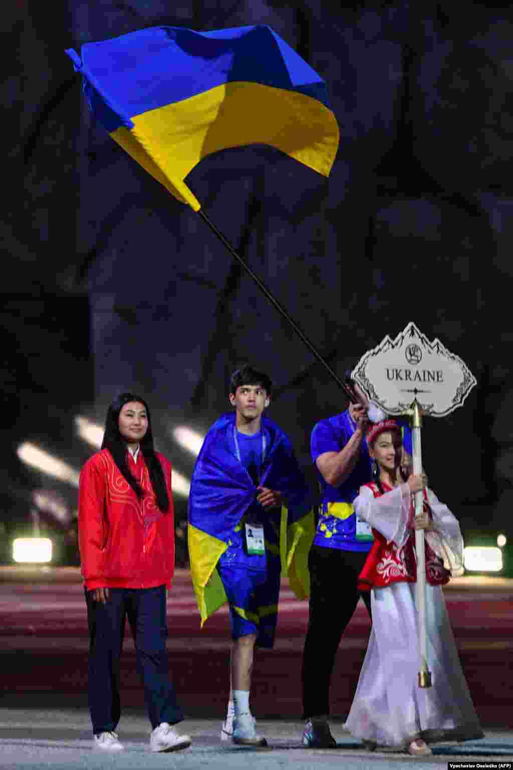 Ukraine's team is introduced during the ceremony, marking the country's return to the event after missing the 2024 games.