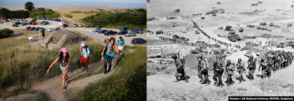 On the right, U.S. Army reinforcements march up a hill past a German bunker overlooking  the D-Day landing zone on Omaha Beach. On the left, young people hike past the same bunker.