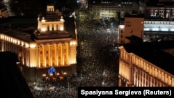Crowds fill the square in front of Bulgaria's parliament building in Sofia on December 1.<br><br>Tens of thousands of people took to the streets in Sofia, while separate protests were held in at least a dozen other cities throughout the country. The unrest broke out over a draft 2026 budget that raises taxes and social-security payments, angering many citizens who view the government as corrupt.