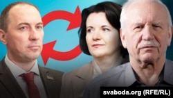 Аналітык Свабоды Валер Карбалевіч. Андрэй Лабовіч і Натальля Паўлючэнка, дзеючы і былая міністры сацыяльнай абароны. Ілюстрацыйны каляж. 