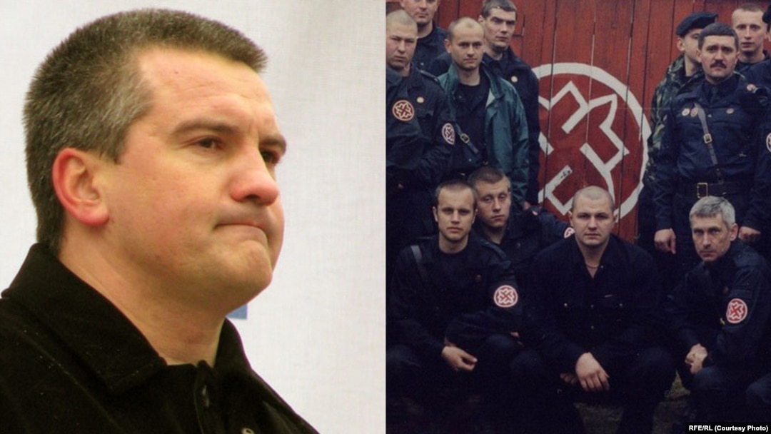 Gangsters, fascists and separatists: Sergei Aksyonov (first image) and Pavel Gubarev (first from left in front row, second image) with his Russian National Unity comrades.