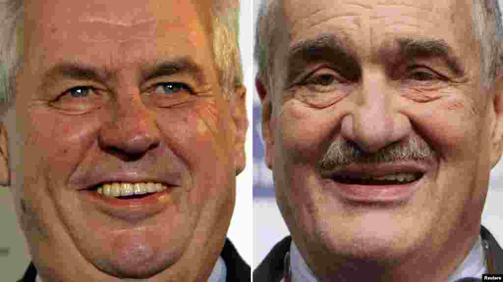 Milo&scaron; Zeman (fost comunist, st&icirc;nga, inimagine) și Karel Schwarzenberg (aristocrat și fost dizident) au intrat &icirc;n al doilea tur al alegerilor prezidențiale din Cehia, care au loc pe 25-26 ianuarie.