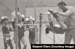Romanian gymnastics coach Bela Karolyi with some of his young charges. Nadia Comaneci can be seen on the far left.