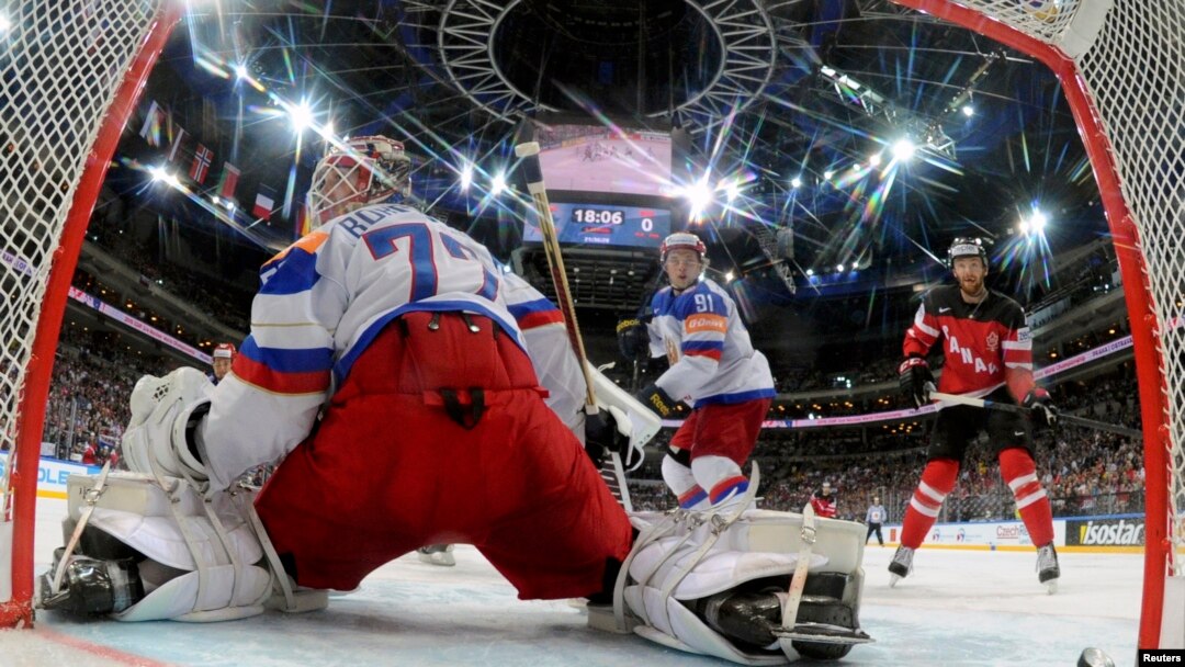 Canada's Ennis Tyler scores against Russia during the ice hockey world championship game in Prague on May 17. 