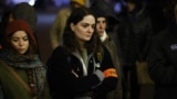 Georgian journalist Mariam Nikuradze covering a protest in Tbilisi.