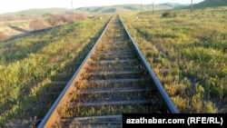 Turkmenistan. Railroad Ashgabat - Serhetabat. Field. Green grass. April 10, 2015