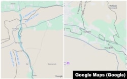 Өзбекстандын Кыргызстандын ичиндеги Чоң-Кара жана Таш-Дөбө (Жаны-Айыл) анклавдарынын Google Maps картасынан көрүнүшү.