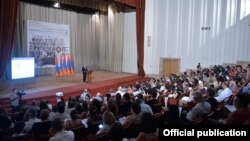 Armenia - President Serzh Sarkisian addresses a conference of the International Association of Genocide Scholars, Yerevan, 8Jul2015.