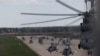 Russia -- Mi-8 helicopters take off at a military airfield in Kubinka ahead of a rehearsal of the May 9 Victory Day military parade, Moscow rgion, May 5, 2015