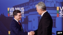 Președintele român Nicușor Dan (stânga) este întâmpinat la summitul de la Vilnius de omologul său din Lituania, Gitanas Nauseda.